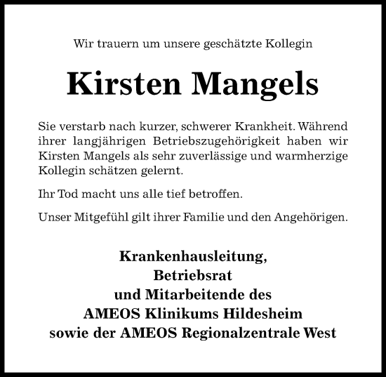 Traueranzeige von Kirsten Mangels von Hildesheimer Allgemeine Zeitung