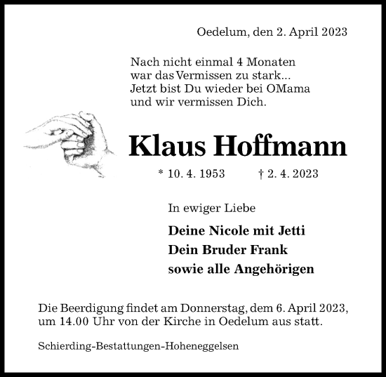 Traueranzeige von Klaus Hoffmann von Hildesheimer Allgemeine Zeitung