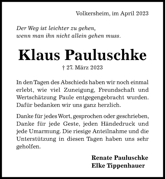 Traueranzeige von Klaus Pauluschke von Hildesheimer Allgemeine Zeitung