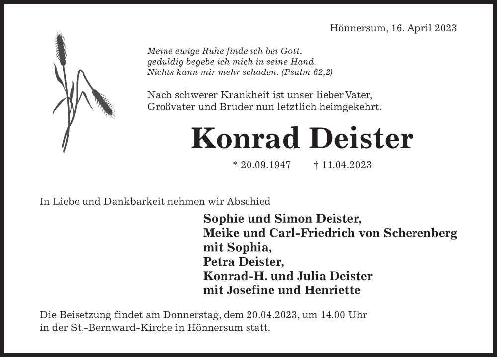  Traueranzeige für Konrad Deister vom 18.04.2023 aus Hildesheimer Allgemeine Zeitung