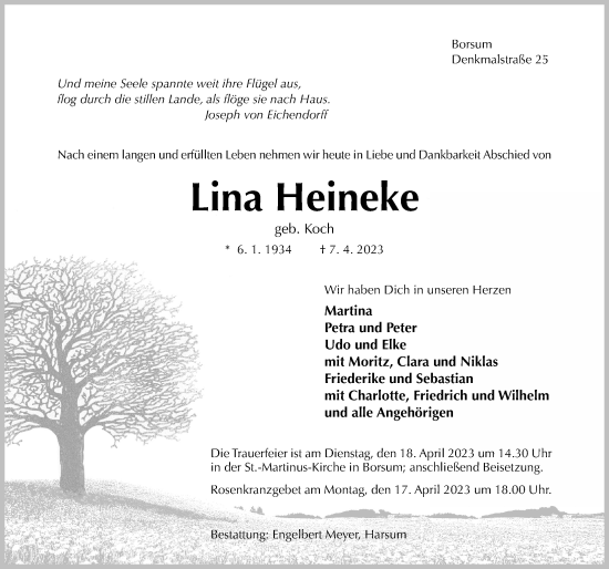 Traueranzeige von Lina Heineke von Hildesheimer Allgemeine Zeitung