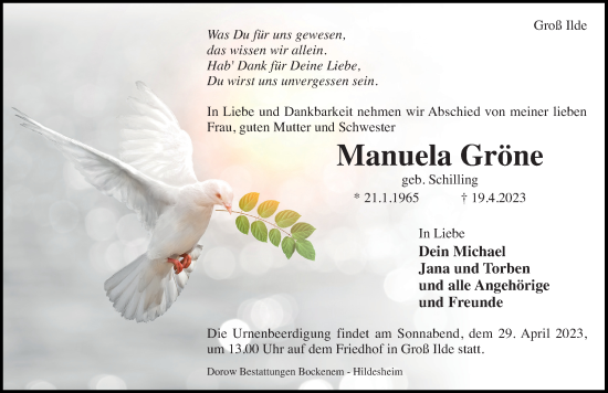 Traueranzeige von Manuela Gröne von Hildesheimer Allgemeine Zeitung
