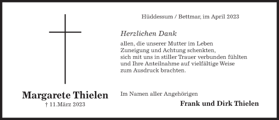 Traueranzeige von Margarete Thielen von Hildesheimer Allgemeine Zeitung