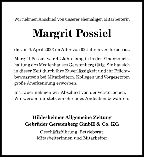 Traueranzeige von Margrit Possiel von Hildesheimer Allgemeine Zeitung