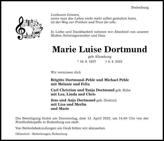 Traueranzeige von Marie Luise Dortmund von Hildesheimer Allgemeine Zeitung