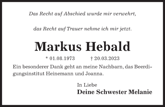 Traueranzeige von Markus Hebald von Hildesheimer Allgemeine Zeitung