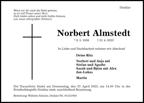 Traueranzeige von Norbert Almstedt von Hildesheimer Allgemeine Zeitung