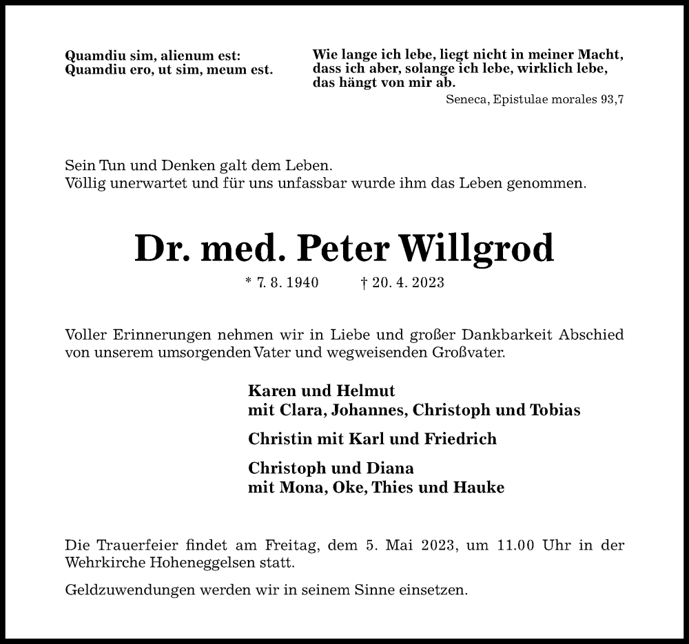  Traueranzeige für Peter Willgrod vom 29.04.2023 aus Hildesheimer Allgemeine Zeitung