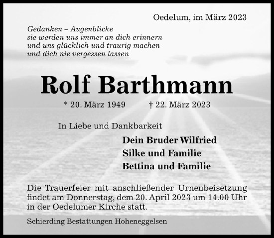 Traueranzeige von Rolf Barthmann von Hildesheimer Allgemeine Zeitung