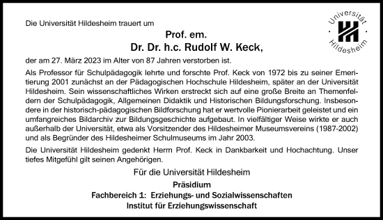 Traueranzeige von Rudolf W. Keck von Hildesheimer Allgemeine Zeitung