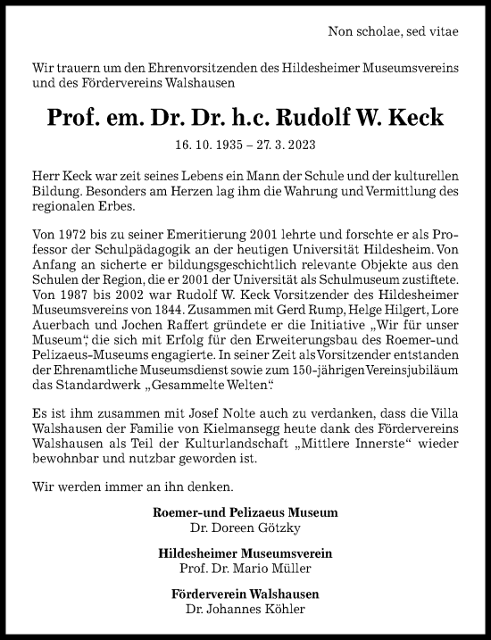 Traueranzeige von Rudolf W. Keck von Hildesheimer Allgemeine Zeitung