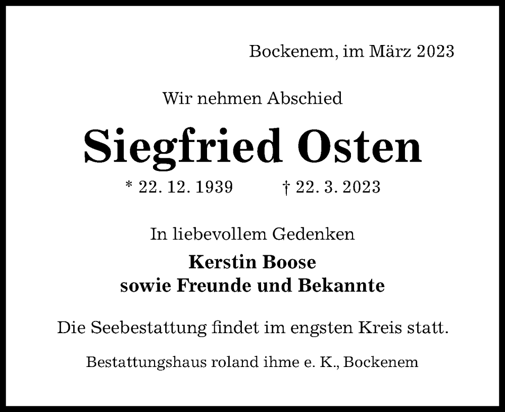  Traueranzeige für Siegfried Osten vom 01.04.2023 aus Hildesheimer Allgemeine Zeitung