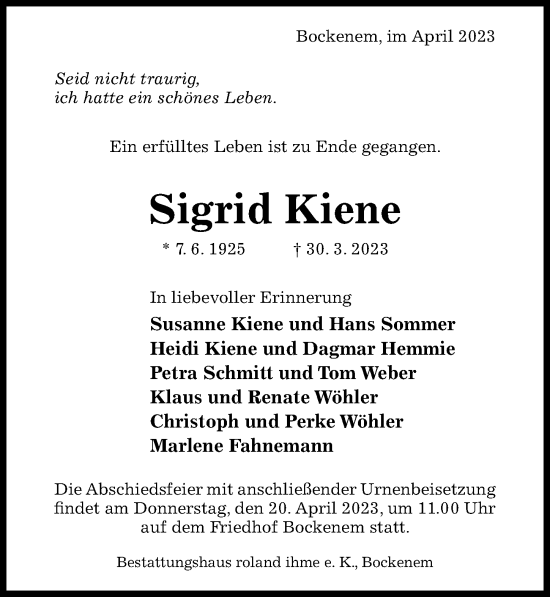 Traueranzeige von Sigrid Kiene von Hildesheimer Allgemeine Zeitung