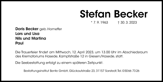 Traueranzeige von Stefan Becker von Hildesheimer Allgemeine Zeitung