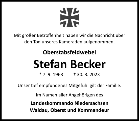 Traueranzeige von Stefan Becker von Hildesheimer Allgemeine Zeitung