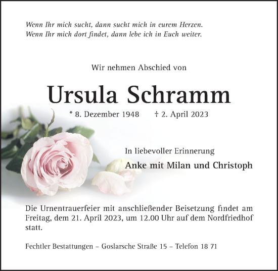 Traueranzeigen Von Ursula Schramm Trauerportal Hildesheimer Allgemeine Zeitung 