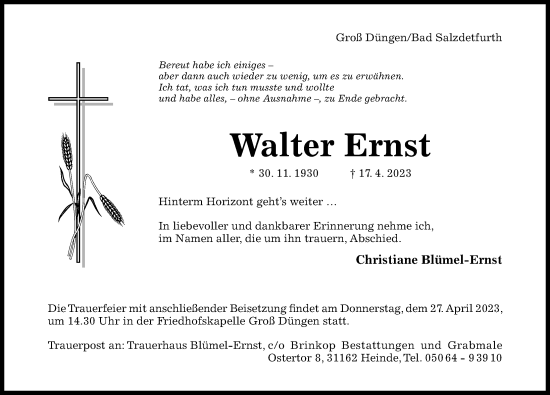 Traueranzeige von Walter Ernst von Hildesheimer Allgemeine Zeitung