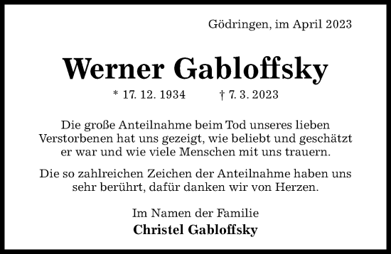 Traueranzeige von Werner Gabloffsky von Hildesheimer Allgemeine Zeitung