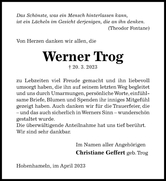 Traueranzeige von Werner Trog von Hildesheimer Allgemeine Zeitung