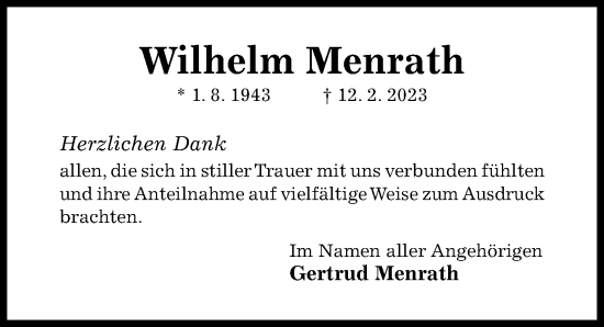 Traueranzeige von Wilhelm Menrath von Hildesheimer Allgemeine Zeitung