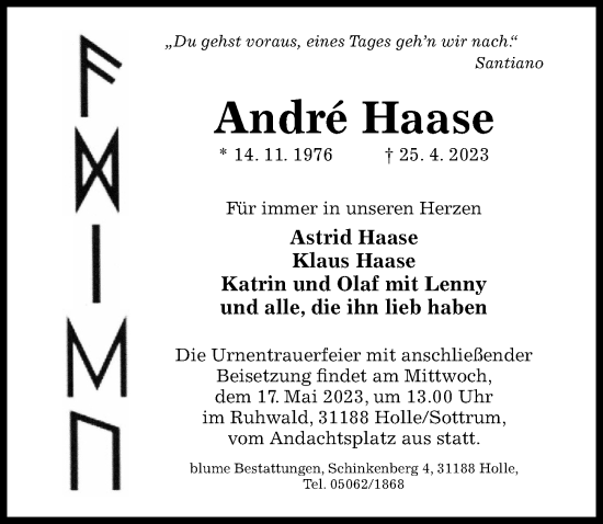 Traueranzeige von Andre Haase von Hildesheimer Allgemeine Zeitung