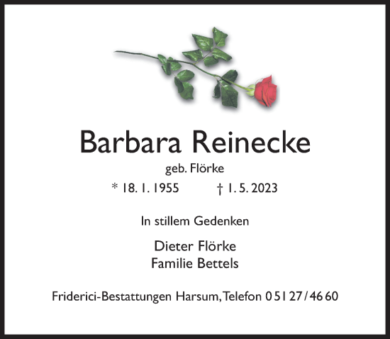 Traueranzeige von Barbara Reinecke von Hildesheimer Allgemeine Zeitung