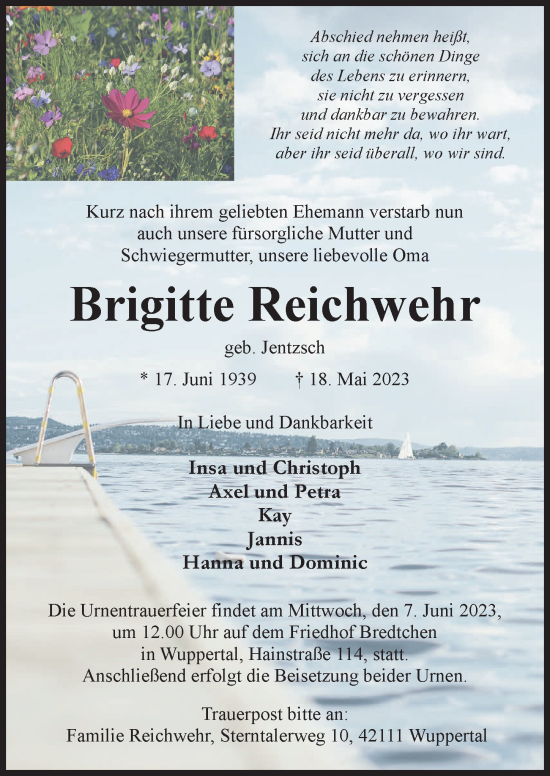 Traueranzeige von Brigitte Reichwehr von Hildesheimer Allgemeine Zeitung