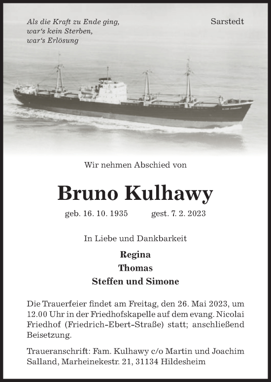 Traueranzeige von Bruno Kulhawy von Hildesheimer Allgemeine Zeitung