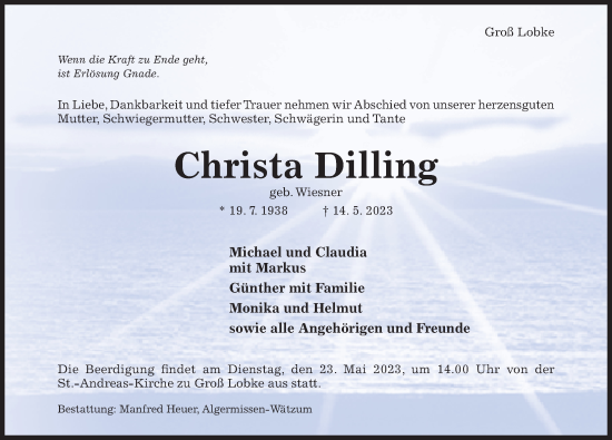 Traueranzeige von Christa Dilling von Hildesheimer Allgemeine Zeitung