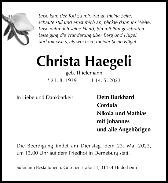 Traueranzeige von Christa Haegeli von Hildesheimer Allgemeine Zeitung