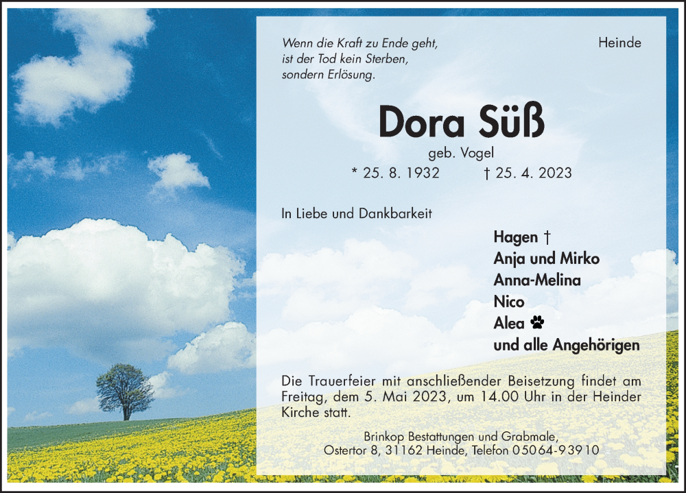  Traueranzeige für Dora Süß vom 03.05.2023 aus Hildesheimer Allgemeine Zeitung