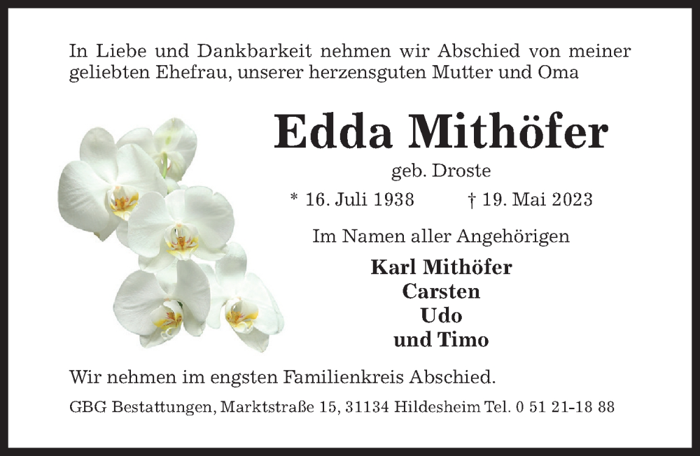  Traueranzeige für Edda Mithöfer vom 25.05.2023 aus Hildesheimer Allgemeine Zeitung