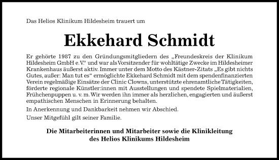 Traueranzeige von Ekkehard Schmidt von Hildesheimer Allgemeine Zeitung