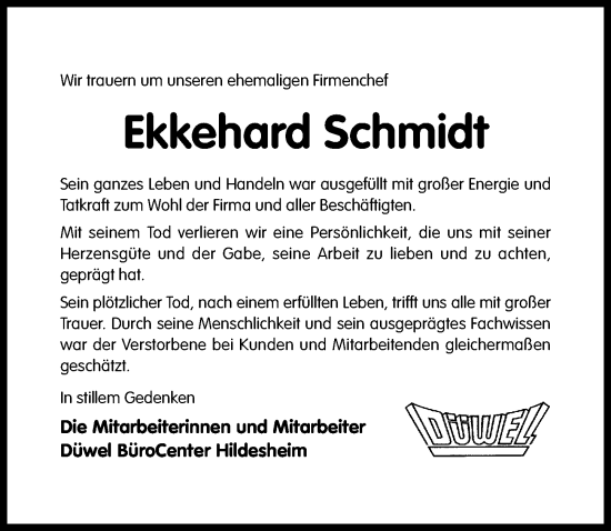 Traueranzeige von Ekkehard Schmidt von Hildesheimer Allgemeine Zeitung