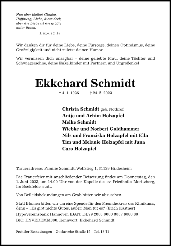 Traueranzeige von Ekkehard Schmidt von Hildesheimer Allgemeine Zeitung