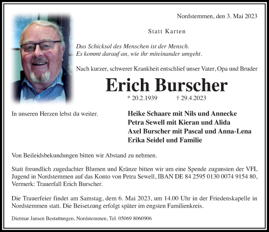 Traueranzeige von Erich Burscher von Hildesheimer Allgemeine Zeitung