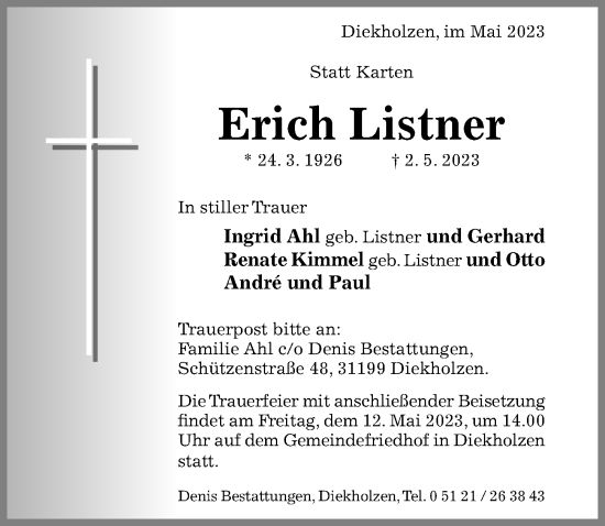 Traueranzeige von Erich Listner von Hildesheimer Allgemeine Zeitung