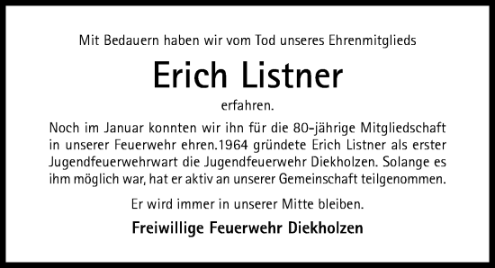 Traueranzeige von Erich Listner von Hildesheimer Allgemeine Zeitung