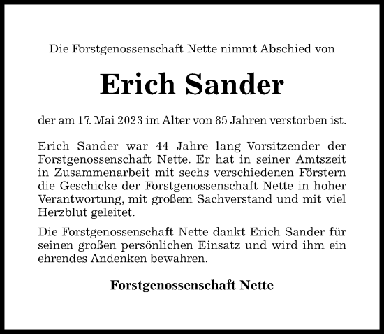 Traueranzeige von Erich Sander von Hildesheimer Allgemeine Zeitung