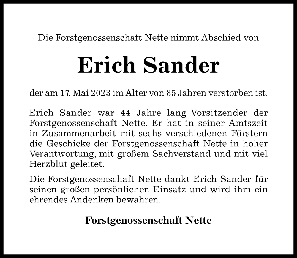  Traueranzeige für Erich Sander vom 22.05.2023 aus Hildesheimer Allgemeine Zeitung