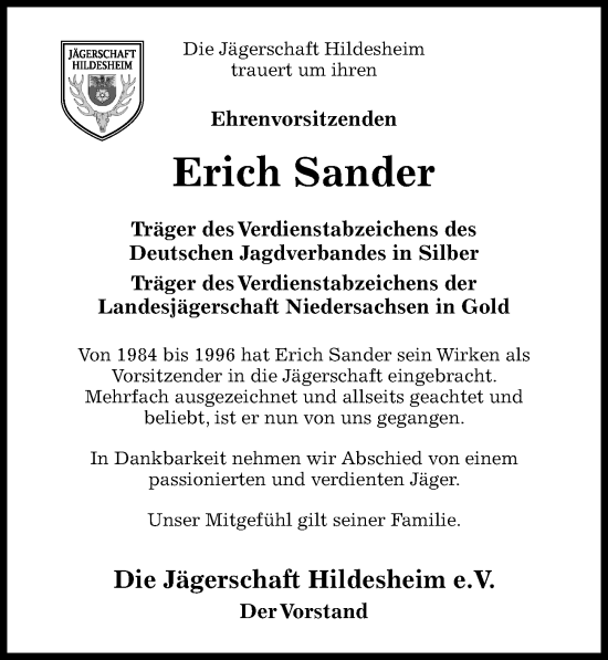 Traueranzeige von Erich Sander von Hildesheimer Allgemeine Zeitung