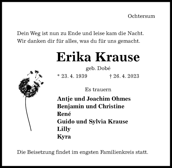 Traueranzeige von Erika Krause von Hildesheimer Allgemeine Zeitung