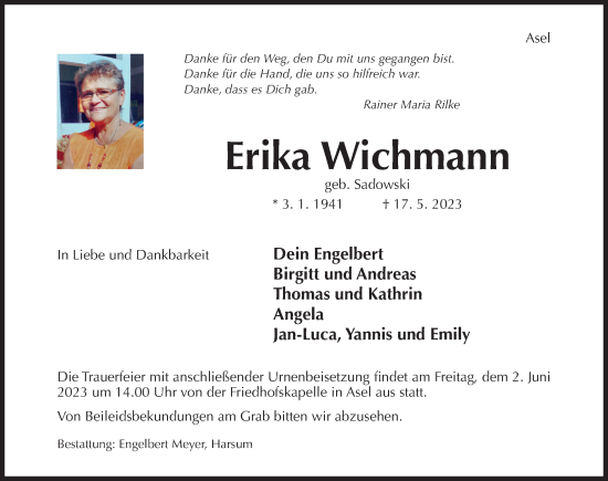 Traueranzeige von Erika Wichmann von Hildesheimer Allgemeine Zeitung