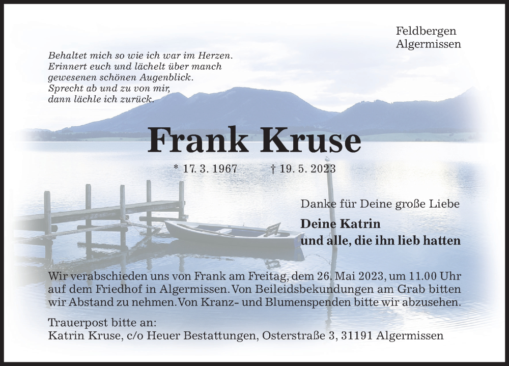  Traueranzeige für Frank Kruse vom 24.05.2023 aus Hildesheimer Allgemeine Zeitung
