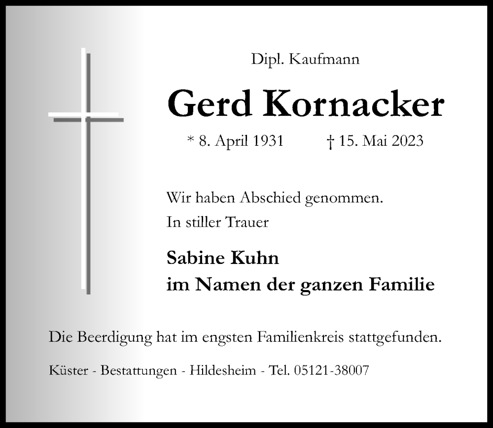  Traueranzeige für Gerd Kornacker vom 31.05.2023 aus Hildesheimer Allgemeine Zeitung