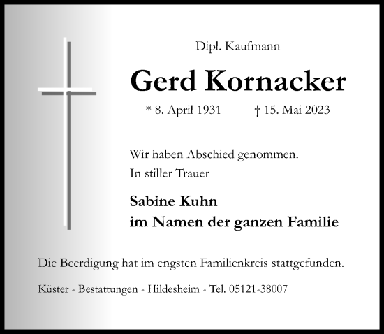 Traueranzeige von Gerd Kornacker von Hildesheimer Allgemeine Zeitung