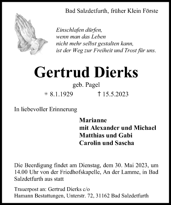 Traueranzeige von Gertrud Dierks von Hildesheimer Allgemeine Zeitung