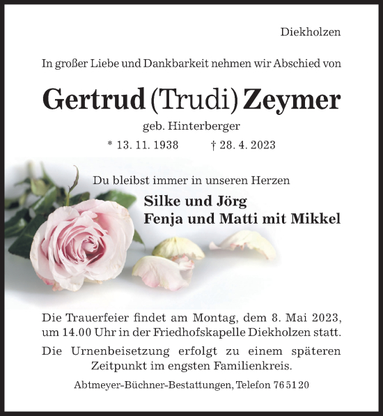 Traueranzeige von Gertrud Zeymer von Hildesheimer Allgemeine Zeitung