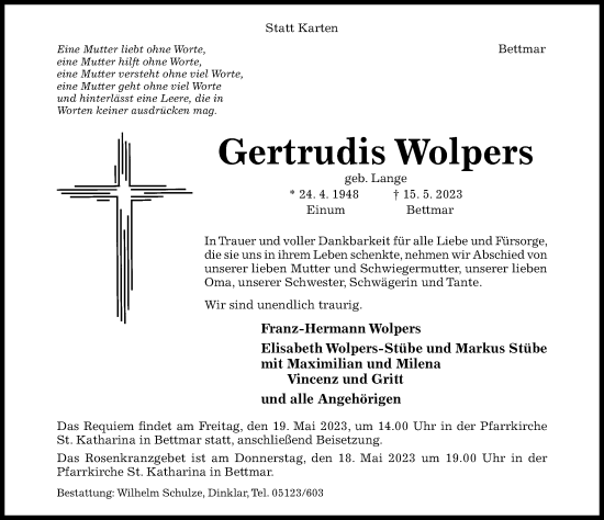 Traueranzeige von Gertrudis Wolpers von Hildesheimer Allgemeine Zeitung