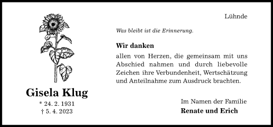 Traueranzeige von Gisela Klug von Hildesheimer Allgemeine Zeitung